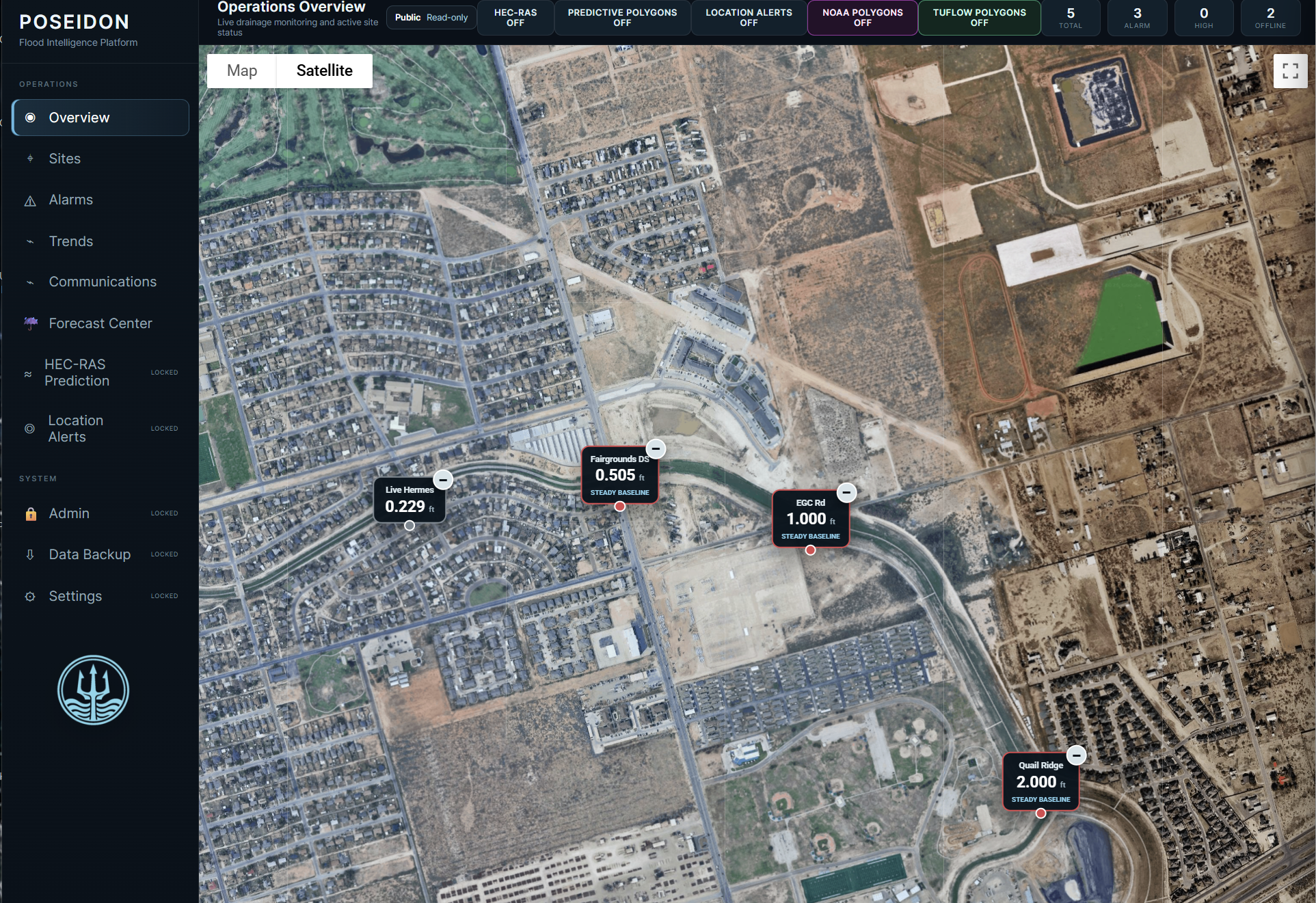 Poseidon flood intelligence map with live monitoring stations and predictive model controls