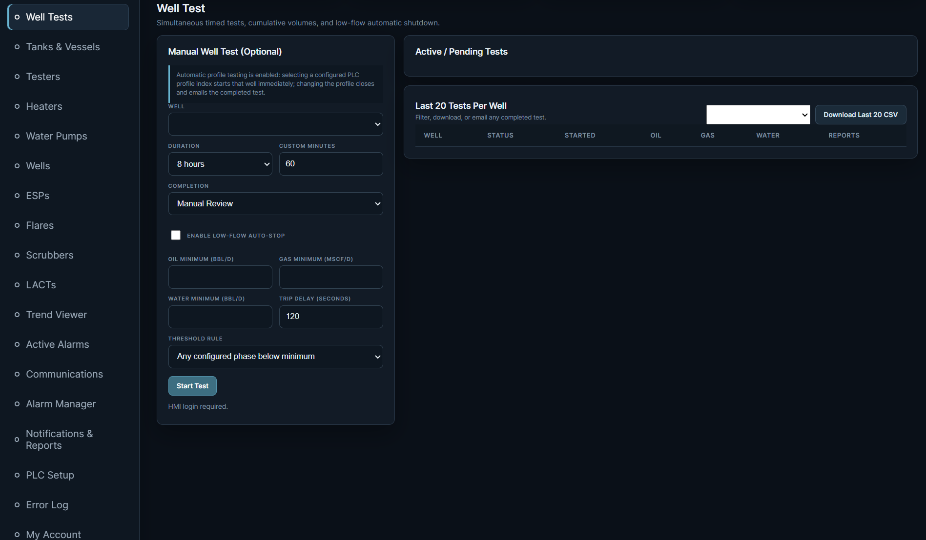 Well test management screen with timed tests, low flow shutdown settings, and report history